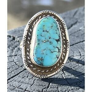 VTG Native Navajo Sterling Silver Turquoise Ring Stamped Pyrite Matrix Sz 6.5 SW